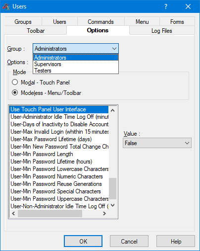 Set options for groups